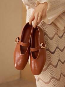 MOTF PREMIUM WOMEN'S COMMUTING CASUAL COMFORTABLE VERSATILE MARY JANE SQUARE TOE FLAT SHOES - Brown - View 2