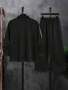 SHEIN 青少年男孩立领运动丝带装饰撞色字母印花长袖上衣和裤子套装，休闲校园风格，舒适、时尚、百搭、面料柔软，适合日常穿着、上学、郊游、户外活动 - 黑色 - 查看 5