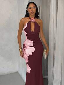 Glamine 优雅性感白色蝴蝶印花 3D 花卉垂坠领露背长款鱼尾修身连衣裙，适合秋季女装返校季 - 酒紅色 - 查看 3