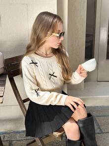 SHEIN Tween Girl Casual Cable Knit Intarsia Plain Crew Neck Bowknot Long Sleeve Sweater & Pleated Skirt 2-Piece Set, Back To School,Halloween ,Perfect For Christmas,Bow Pullover Set,In Fall/Winter