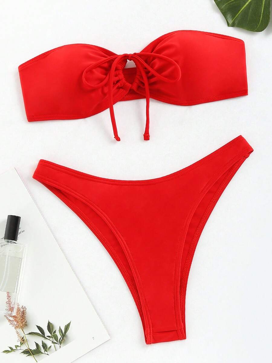 Swim Basics 2pcs Women's Summer Beach Vacation Solid Red Tie Front Bandeau Bikini Set, Separates Swimwear - Red - View 1