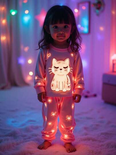 2 Piece Sets Snug Fit Night Wear Kids Young Girl' Navy Blue Minimalist Allover Heart, Star, Deer Print Long Sleeve Top And Leggings 2 Pieces Pajama Set,Snug Fit Fall Winter .This Product Requires UV Light Exposure To Glow.