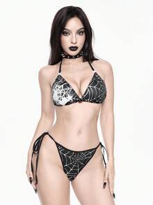 ROMWE Goth 哥特式蜘蛛与星星印花吊带文胸和俏皮内裤内衣套装 - 黑色 - 查看 7