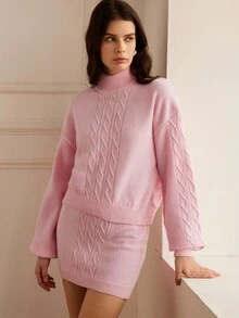 GENKIRA New Soft Pink Fashionable Versatile Rejuvenating Knitted Sweater And Skirt Set Fall Winter Cloth For Women - Pink - View 1