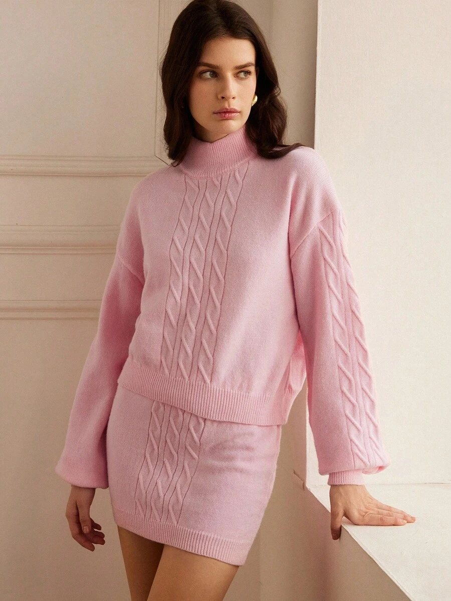 GENKIRA New Soft Pink Fashionable Versatile Rejuvenating Knitted Sweater And Skirt Set Fall Winter Cloth For Women - Pink - View 1
