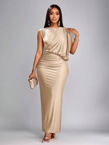 SOLERSUN 春夏女装派对通勤优雅棕色光泽针织面料无袖露肩不对称领肩褶臀部聚拢修身性感H下摆侧开衩长裙 - 杏色 - 查看 1