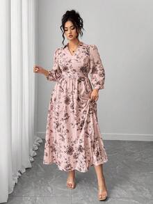 Elenzga 大码女式优雅花卉印花领口修身喇叭裙，秋季 - 藕粉色 - 查看 3