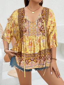 EMERY ROSE Áo Babydoll họa tiết hoa cổ thắt nút tay cánh dơi cho nữ mùa hè thường ngày cỡ lớn - Màu vàng - Xem 1