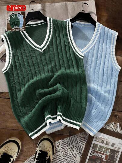 Manfinity Hypemode Jersey sin mangas de punto de cable con ribete a rayas estilo universitario para hombre, para uso diario casual, ropa de otoño e invierno