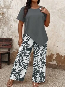 Conjunto de 2 piezas para mujer talla grande - Top y pantalones de color contrastante - Gris - Ver 3