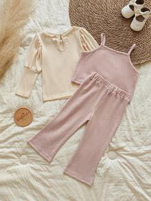 SHEIN Vintaside Kids 3pcs Baby Girls Strap Pants Set Fall Winter - Multicolor - View 2