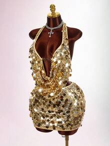 Amplova Conjunto de 2 peças plus size feminino, cor sólida, com decote drapeado e minissaia justa, sexy e moderno - Ouro - Ver 2