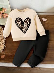 SHEIN 2件套女婴时尚简约彩虹心形字母印花圆领长袖卫衣和裤子套装，适合秋冬季外出 - 彩色 - 查看 6