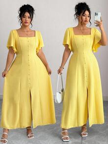 Elenzga 女式加大码纯色荷叶边方领系带长裙 - 黃色 - 查看 7