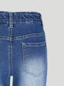 青少年女孩 Y2K 风格牛仔裤，做旧蓝色水洗，弹性紧身喇叭腿休闲裤，适合日常穿着 - 中等水洗藍 - 查看 6