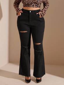 SHEIN BAE EZwear 加大码黑色喇叭破洞弹力牛仔裤 街头服饰 - 黑色 - 查看 3