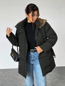 Firerie Plus Size Casual Hooded Fluffy Brown Contrast Color Beanie Hat, Black Cinched Waist Metal Buckle Belt Long Sleeve Thick Padded Coat For Hiking & Skiing, Autumn/Winter Plus Size Winter Coat Plus Size Jackets Plus Size Winter Clothes Women Plus Size Coats Winter Outerwear Women Coats For Women Plus - Black - View 8