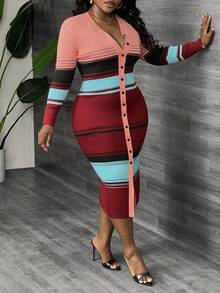 秋冬大码女式优雅条纹紧身针织开衫毛衣裙 - 彩色 - 查看 6