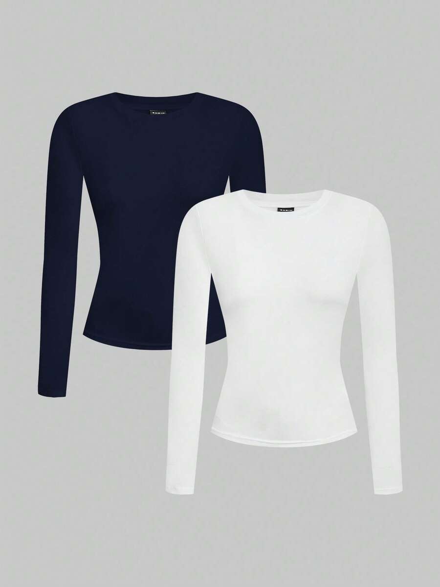 SHEIN EZwear 2 件套女士海军蓝和白色圆领休闲修身长袖 T 恤套装，适合秋冬季 - 彩色 - 查看 1