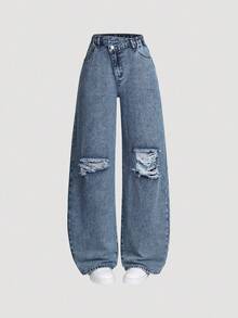 Teen Girl New Washed Denim Blue Asymmetrical Waist Design Loose Straight Leg Baggy Jeans, Fashionable Distressed Casual Pants, Versatile & Snug Fit, Suitable For Outdoor & Daily Wear