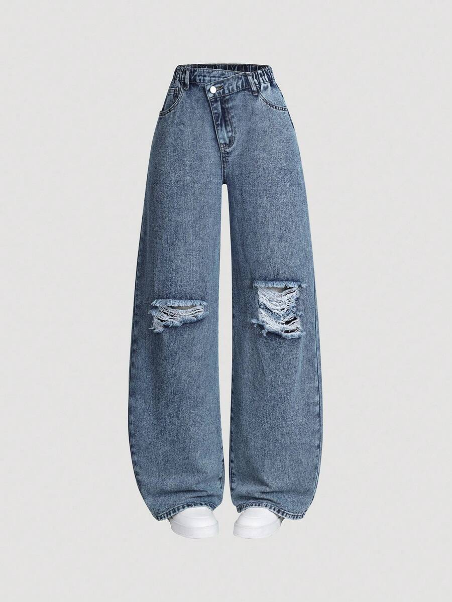 Teen Girl New Washed Denim Blue Asymmetrical Waist Design Loose Straight Leg Baggy Jeans, Fashionable Distressed Casual Pants, Versatile & Snug Fit, Suitable For Outdoor & Daily Wear
