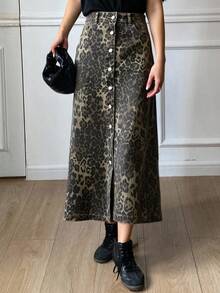 DAZY Women's Loose Fit Leopard Print Denim Skirt, Autumn - Brown - View 5