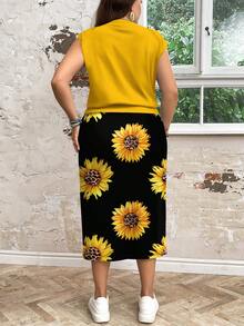 SHEIN LUNE 2 件套休闲向日葵印花宽松圆领大码女式上衣和裙子套装，适合秋冬季
