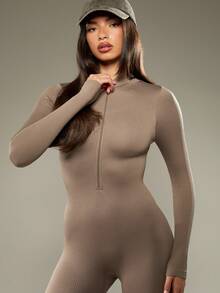 MISSGUIDED Ribbed Long Sleeve Half Zip Bodysuit Workout One Piece Activewear Exercise Ballet Full Body Jumpsuit Compression Slim Fit Athletic Gym Catsuit - Brown - View 3