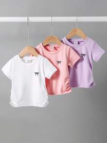 3pcs Baby Girls Casual Cute Bow Print Round Neck Short Sleeve T-Shirt, Suitable For Daily Life, Gatherings, Festivals, Spring/Summer - Multicolor - View 3