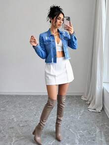 Elenzga Ripped Frayed Raw Hem Crop Denim Jacket - Medium Wash - View 3