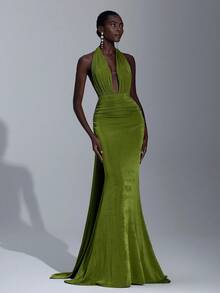Elitara Elegant, Romantic, Sexy, Minimalist, Green, Knitted Fabric, Halter Neck, Slim Fit, Fishtail, Fashionable, Influencer Style, Holiday, Birthday Party, Wedding Event, Bridesmaid Dress - Green - View 7