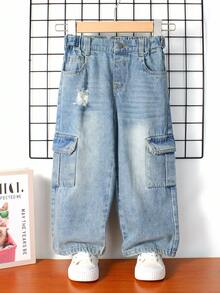 Young Boys' Jeans Boys' Multi-Pocket Casual Loose Straight Jeans Light Blue Children's Wide-Leg Slip-On Jeans Casual Fit Casual Jeans High-Waisted Elastic Drawstring Frayed Design Comfortable Everyday Wear Street Fashion Pants Spring And Autumn Casual Slip-On Cargo Jeans Loose Jeans Adjustable Waist Casual Everyday Wear Autumn And Winter Bottoms Everyday Wear Fall - Light Wash - View 1