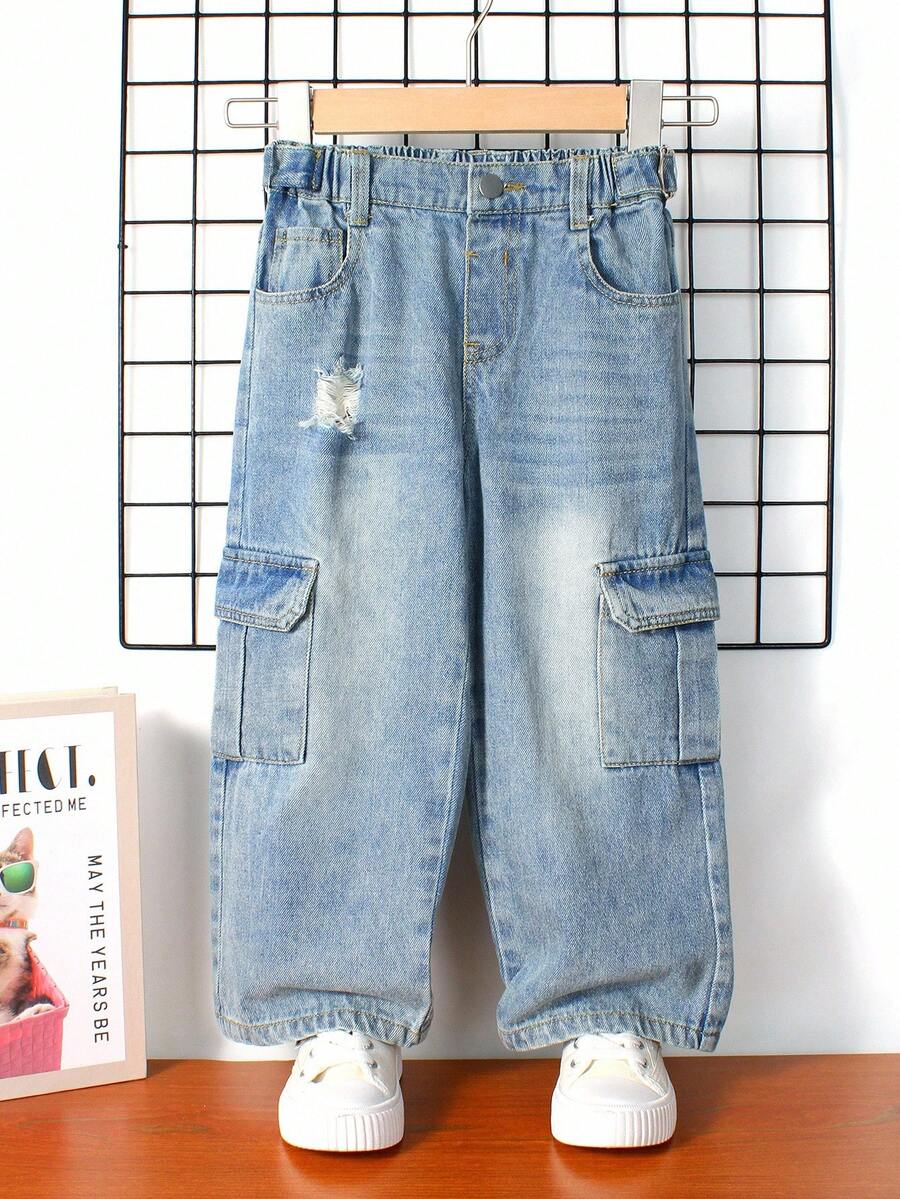 Young Boys' Jeans Boys' Multi-Pocket Casual Loose Straight Jeans Light Blue Children's Wide-Leg Slip-On Jeans Casual Fit Casual Jeans High-Waisted Elastic Drawstring Frayed Design Comfortable Everyday Wear Street Fashion Pants Spring And Autumn Casual Slip-On Cargo Jeans Loose Jeans Adjustable Waist Casual Everyday Wear Autumn And Winter Bottoms Everyday Wear Fall - Light Wash - View 1