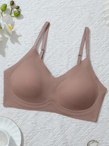 SHEIN Minimalist Comfortable V-Neck Gather Seamless Jelly Adhesive Bra - Mocha Brown - View 3