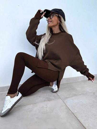 INAWLY Women's Solid Color Round Neck Long Sleeve Side Slit Hem Loose Sweatshirt And Pants Casual 2 Pieces Set, Spring & Fall