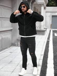 Manfinity Homme 男士口袋连帽拉链休闲纯色牛仔夹克连帽衫男朋友和丈夫男女通用舒适拉链黑色适合 OVERSIZE 外出，秋季 - 黑色 - 查看 3