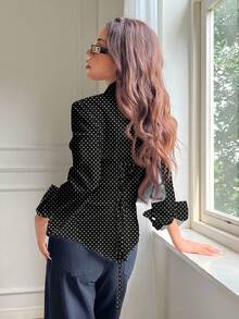 SHEIN EZwear Women's Casual Front Button Back Tie Waist Fitted Long Sleeve Shirt, Suitable For Fall And Winter, Polka Dot Print, Classic Retro Chic Blouses For Women