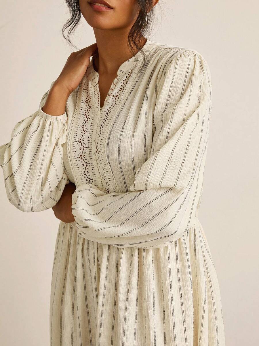 SHEIN VCAY Váy dài tay thường ngày kẻ sọc và ren cỡ lớn Quần áo thu đông Váy mùa đông cho nữ Váy dự tiệc thanh lịch cho phụ nữ Tiền cũ Trang phục đi chơi Phong cách Boho Đồng quê miền Tây Thường ngày - Màu be - Xem 1