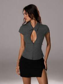 TRNVIE 夏季优雅通勤女士镂空性感纽扣领办公室美人鱼风格短袖衬衫 - 深灰色 - 查看 6