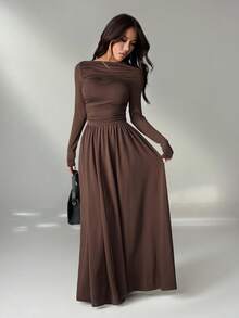 SHEIN PETITE 女式纯色修身长袖连衣裙，韩版风格 - 棕色 - 查看 6