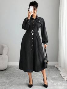 Elenzga 女式复古黑色纽扣领长袖灯笼袖长款牛仔连衣裙 - 黑色 - 查看 1