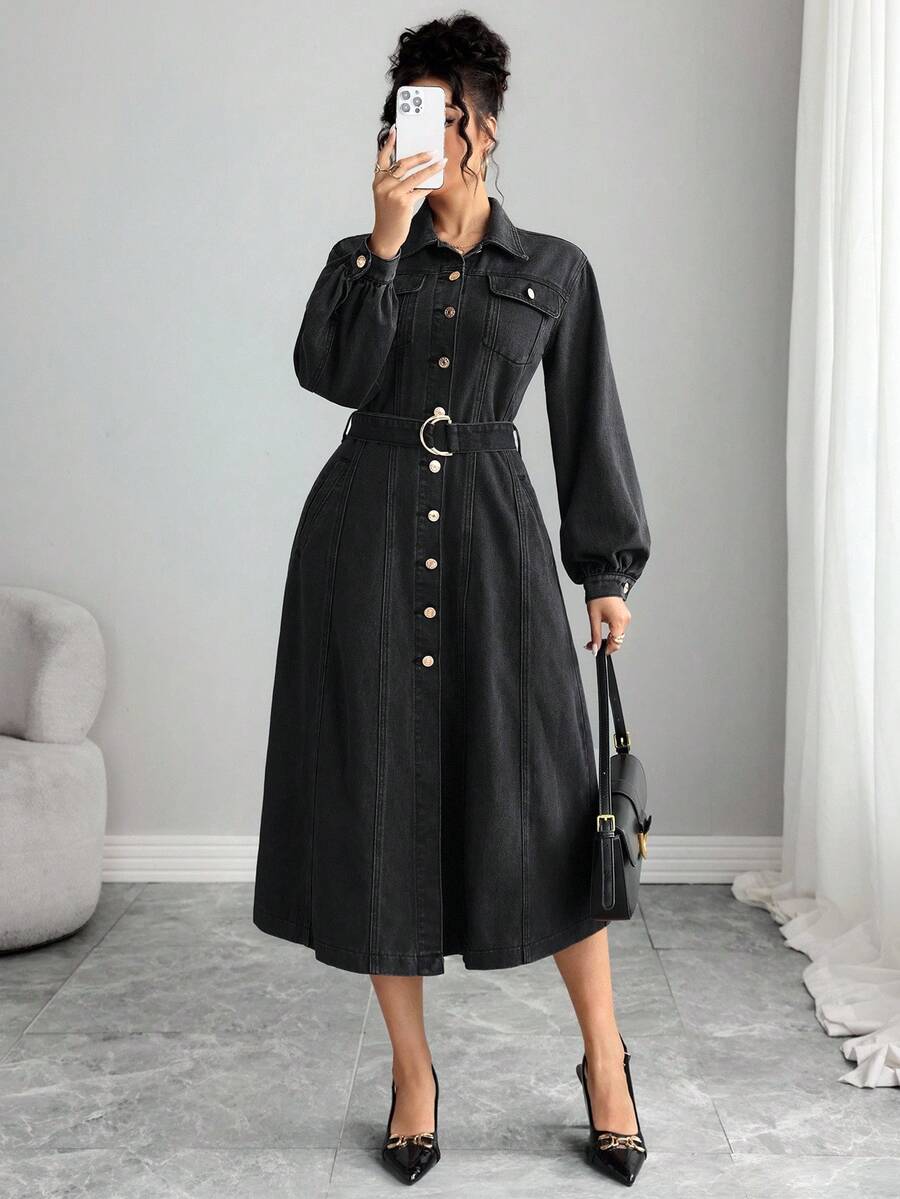 Elenzga 女式复古黑色纽扣领长袖灯笼袖长款牛仔连衣裙 - 黑色 - 查看 1