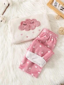 SHEIN 2pcs Young Girls' Cloud Pattern Embroidery Flannel Long Sleeve Top And Pants Pajama Set, Comfy For Fall Winter - Pink - View 3