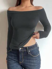 SHEIN BASICS 1 Áo thun dài tay hở vai màu trơn đơn giản dành cho nữ - Màu xám đen - Xem 4