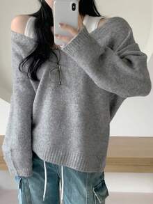 DAZY 2pcs Slouchy Solid Color Layered Retro Vibe Open Shoulder Sweater Vest Set Fall