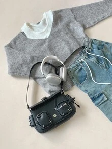 DAZY 2pcs Slouchy Solid Color Layered Retro Vibe Open Shoulder Sweater Vest Set Fall