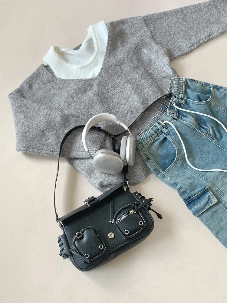 2pcs Slouchy Solid Color Layered Retro Vibe Open Shoulder Sweater Vest Set Fall