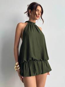 Aloruh Women's Halter Tie-Up Backless Fluffy Hem Minimalist Mini Dress - Army Green - View 5