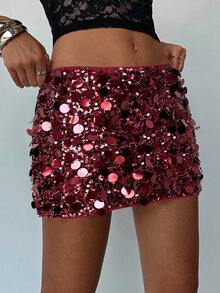 Aloruh 女士性感低腰亮片粉色迷你裙，适合派对穿着 - 酒紅色 - 查看 4