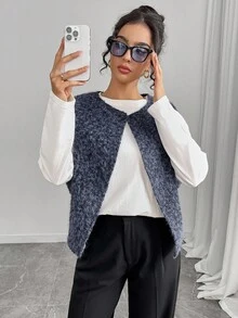 INAWLY Women's Dark Green Autumn Casual Everyday Loose Plush Vest,Colorblock Round Neck Sleeveless Jacket,Flattering Pear Apple Shape Friendly,Vintage,Winter - Navy Blue - View 3